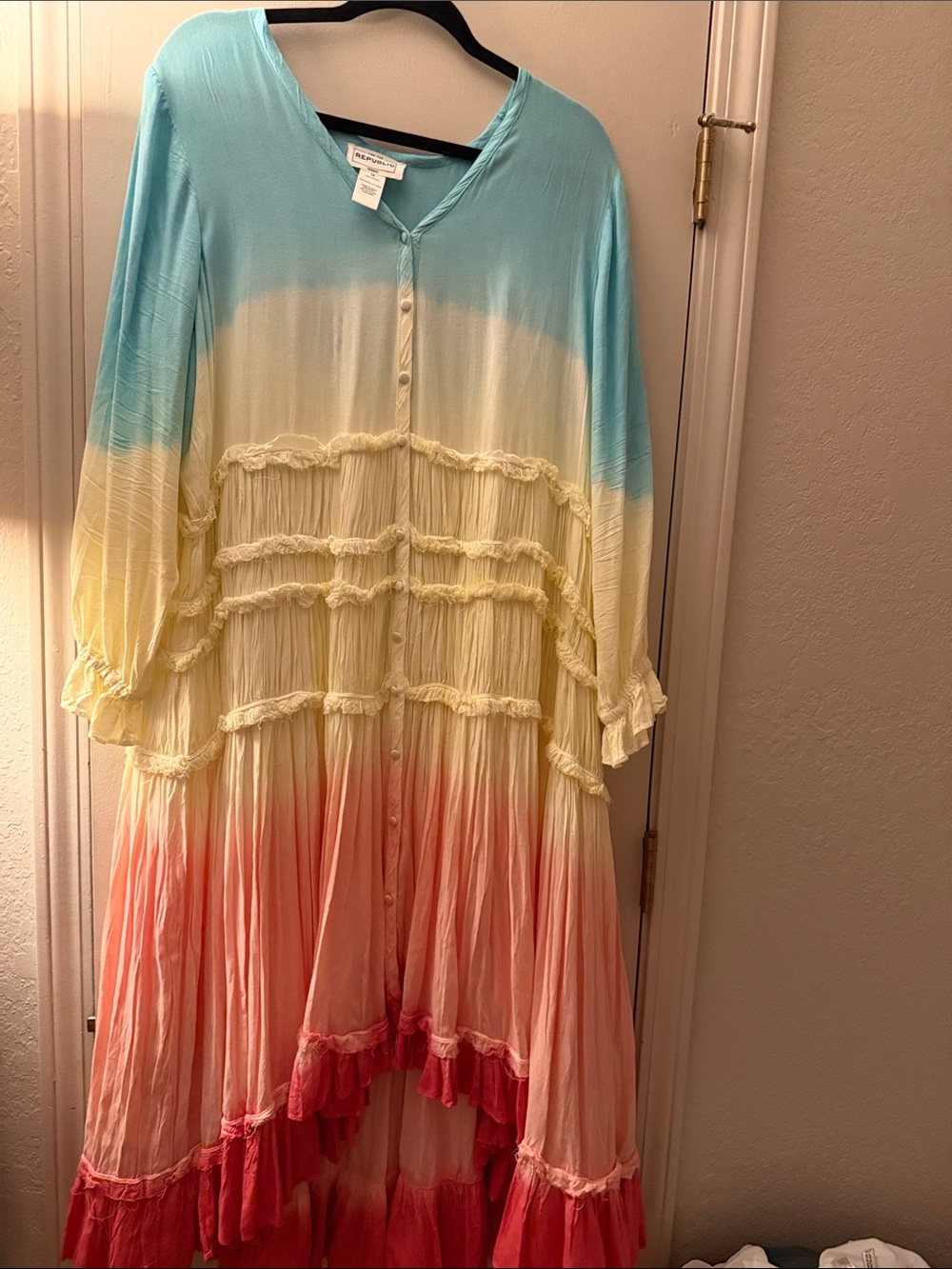 For The Republic Ombre Long Sleeve Maxi Dress in Aqua, Yellow & Coral